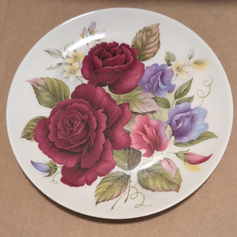 Vintage Floral Decorative Plate with Red and Purple Roses